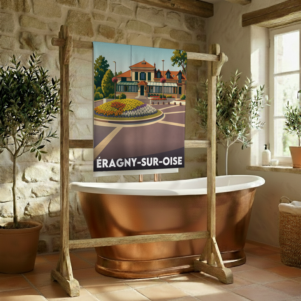 Serviette de bain souvenir de la ville d'Éragny-sur-Oise avec une illustration stylisée.