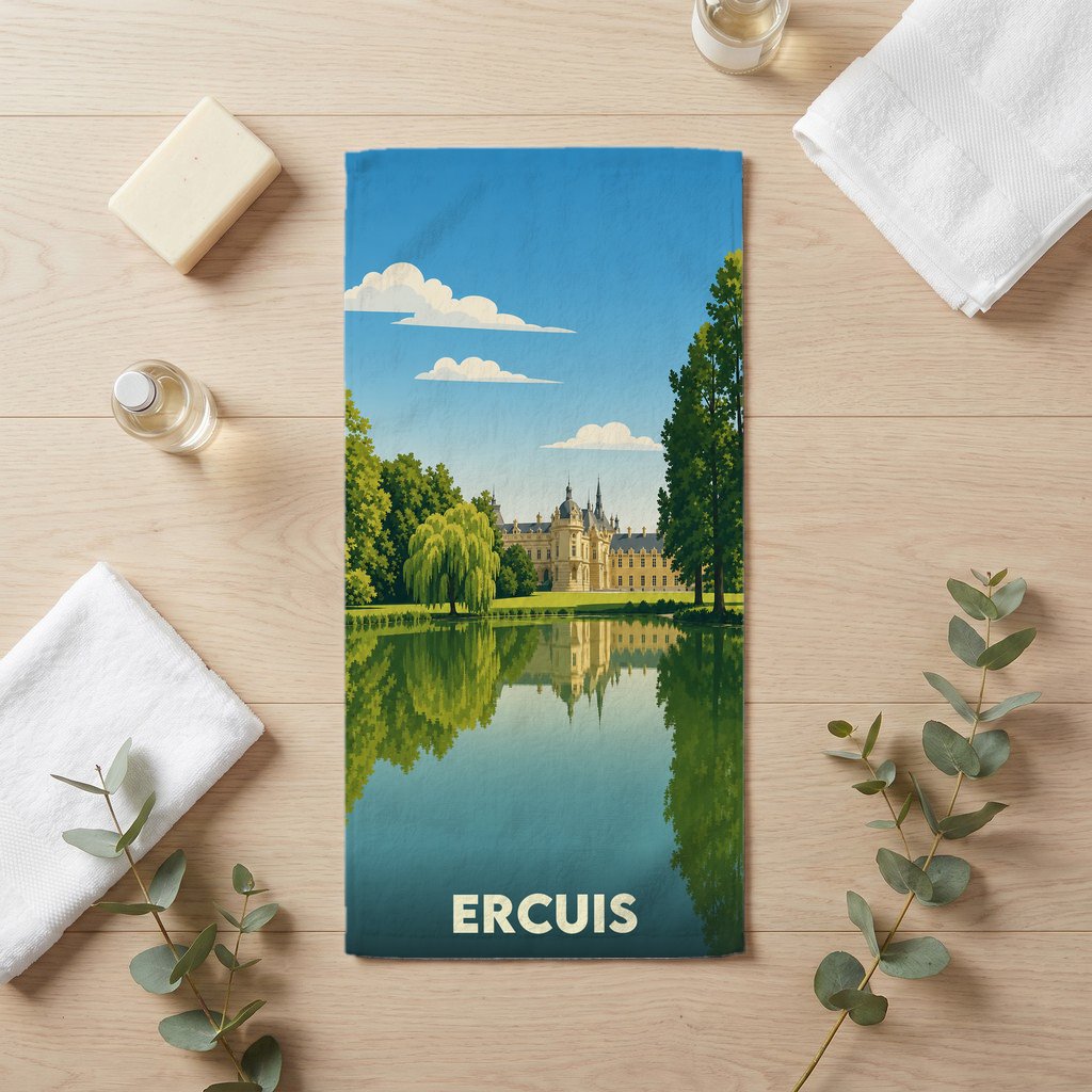 Serviette de bain souvenir de la ville de Ercuis avec une illustration stylisée d'un château se reflétant dans l'eau.