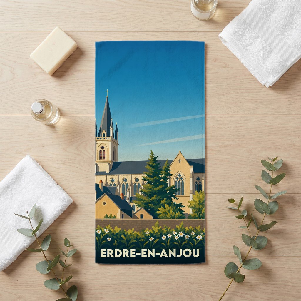 Serviette de bain souvenir de la ville d'Erdre-en-Anjou avec une illustration stylisée de son église.
