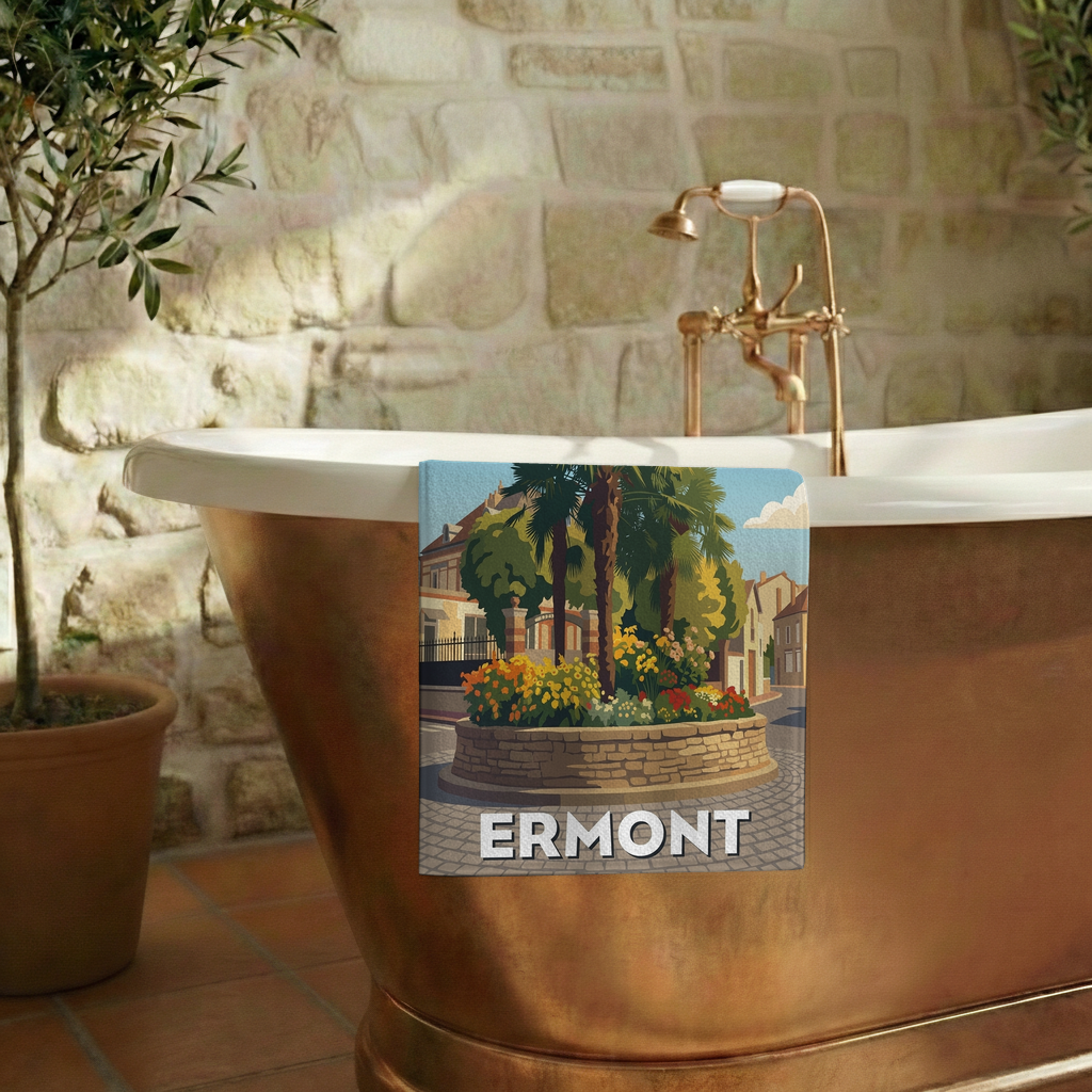 Serviette de bain souvenir de la ville d'Ermont avec une illustration stylisée.