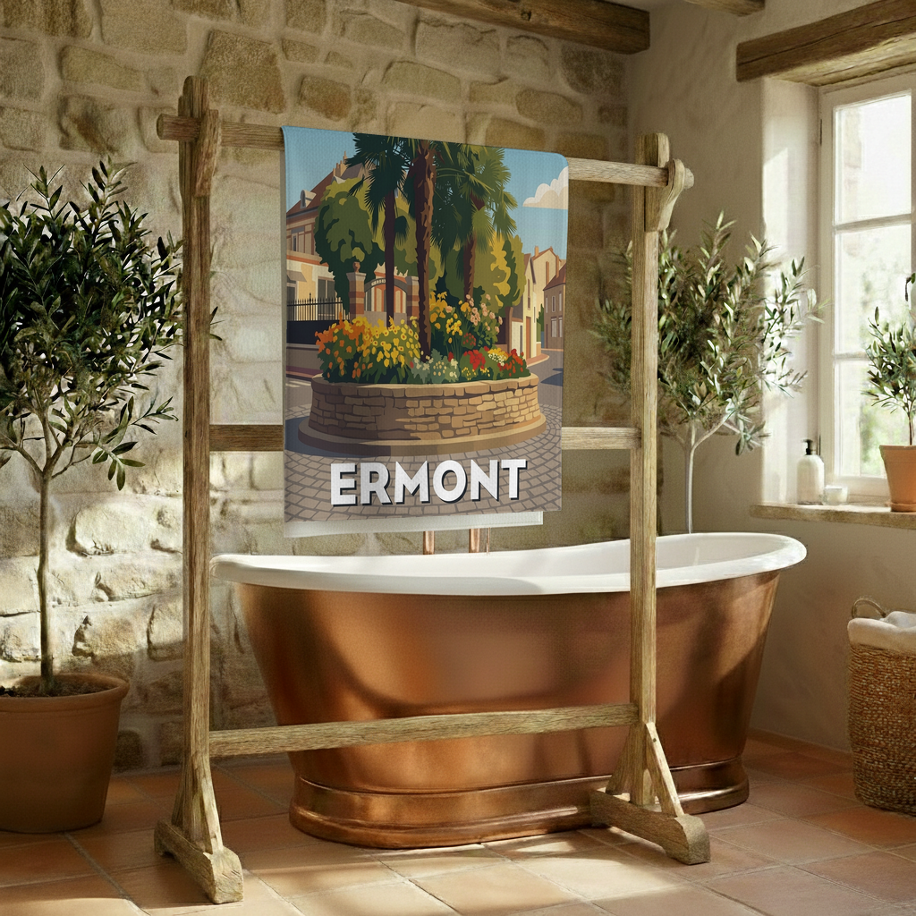 Serviette de bain souvenir de la ville d'Ermont avec une illustration paysagère stylisée.