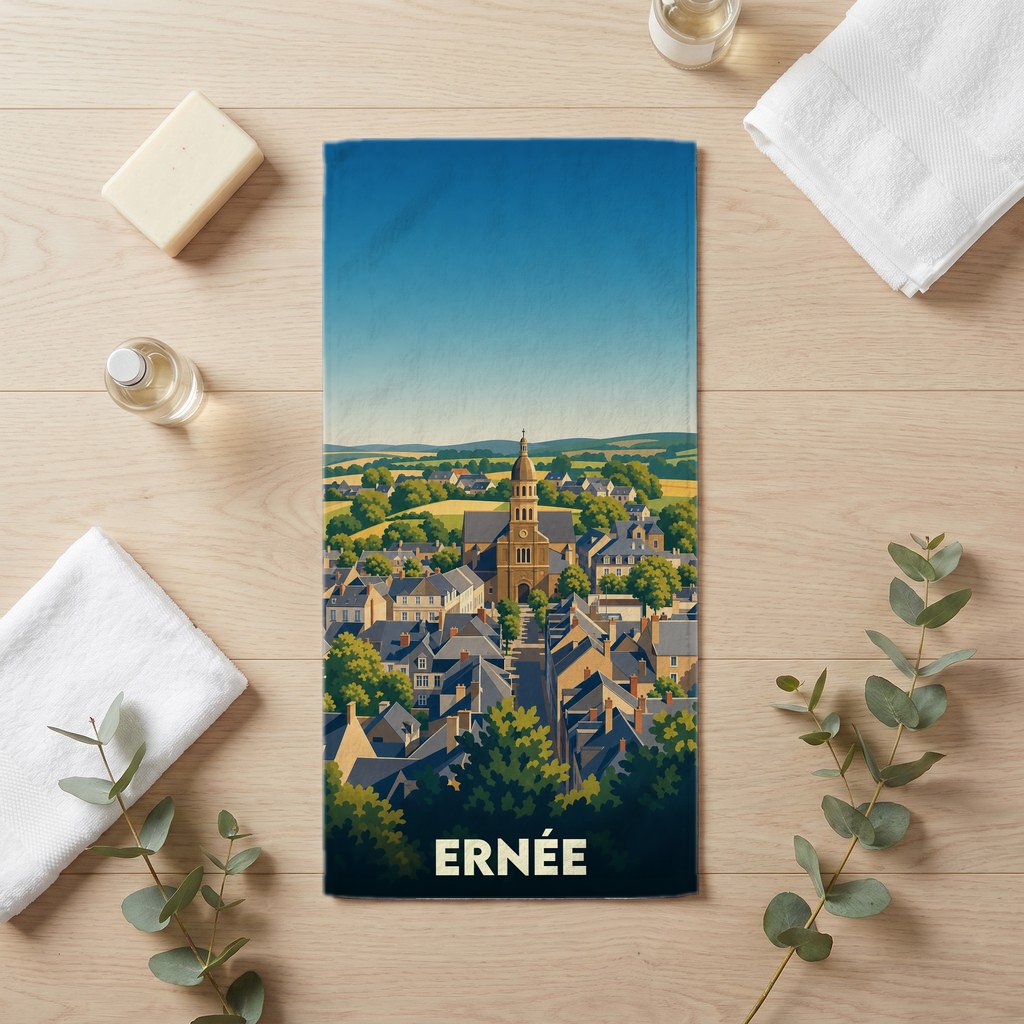 Serviette de bain souvenir de la ville de Ernée avec une illustration stylisée.