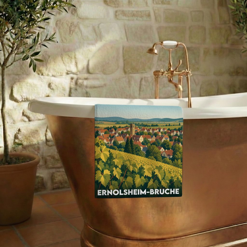 Serviette de bain souvenir de la ville d'Ernolsheim-Bruche avec une illustration stylisée.