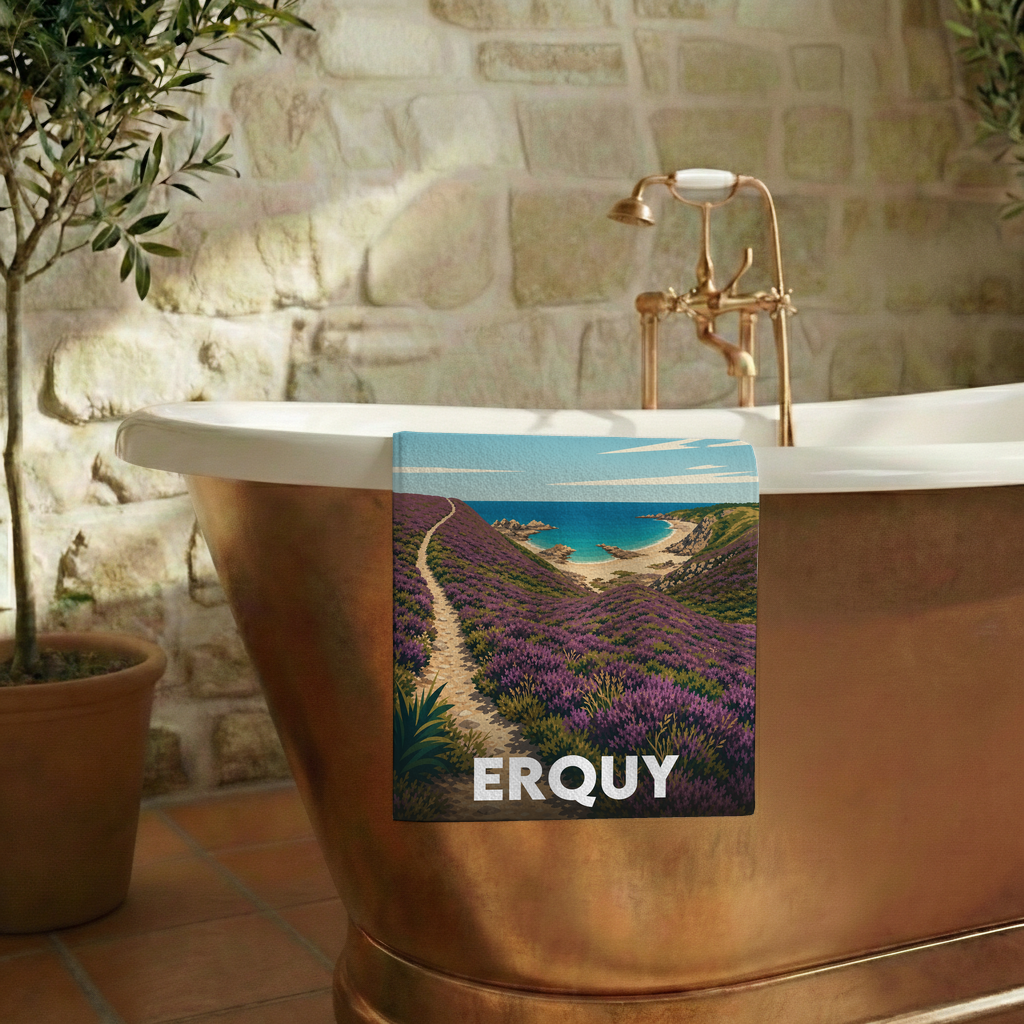 Serviette de bain souvenir de la ville d'Erquy avec une illustration stylisée de son littoral fleuri.