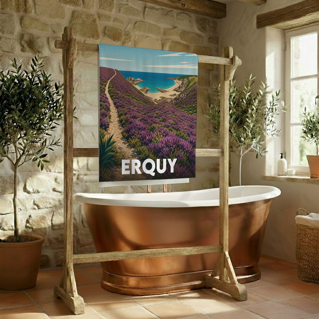 Serviette de bain souvenir de la ville d'Erquy avec une illustration stylisée de son paysage côtier.