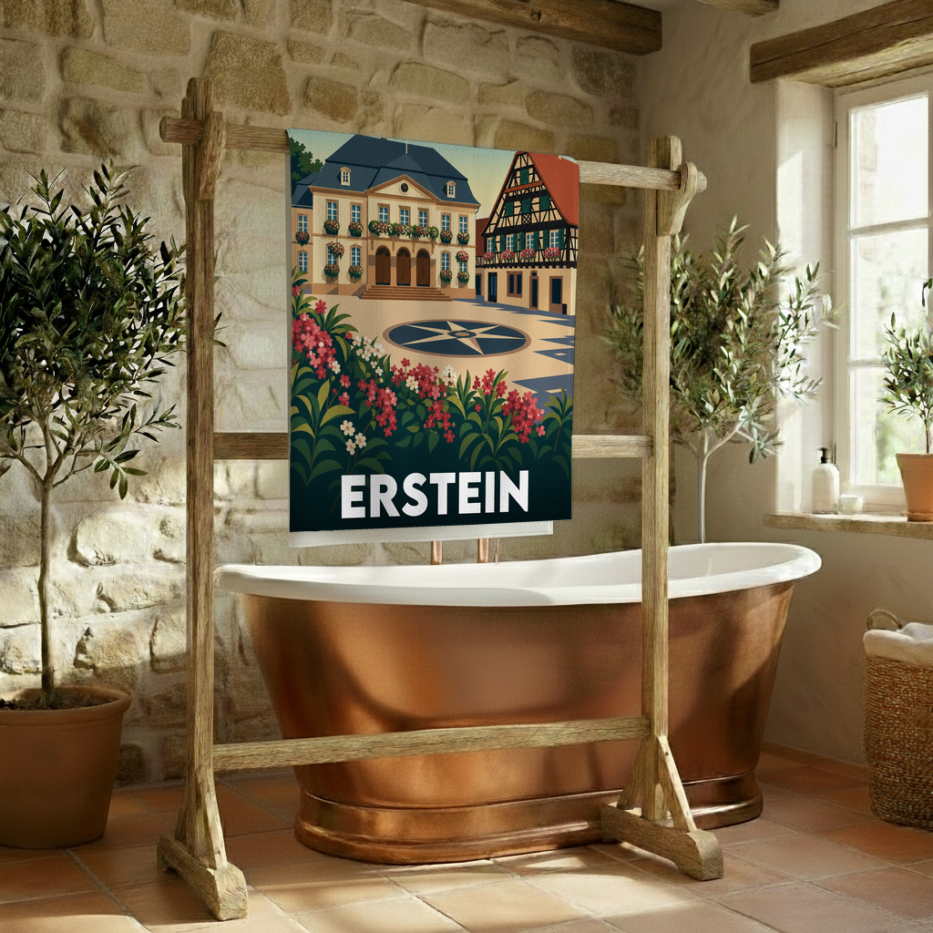Serviette de bain souvenir de la ville d'Erstein avec une illustration stylisée.