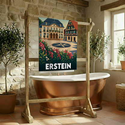Serviette de bain souvenir de la ville d'Erstein avec une illustration stylisée.