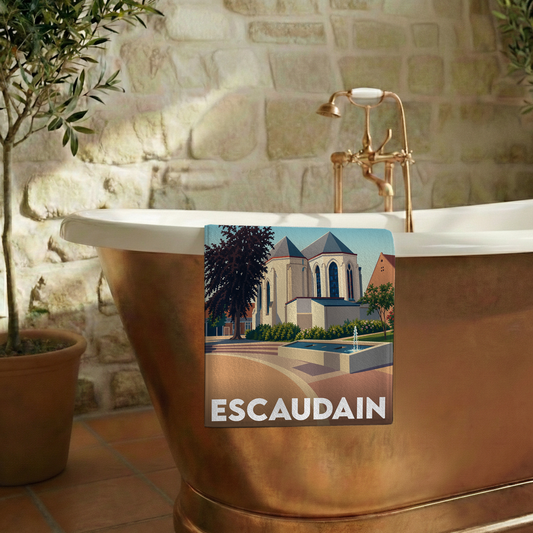 Serviette de bain souvenir de la ville d'Escaudain avec une illustration stylisée de son patrimoine.