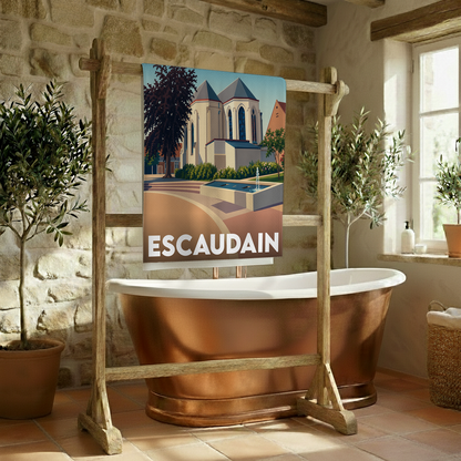 Serviette de bain souvenir de la ville d'Escaudain avec une illustration stylisée.