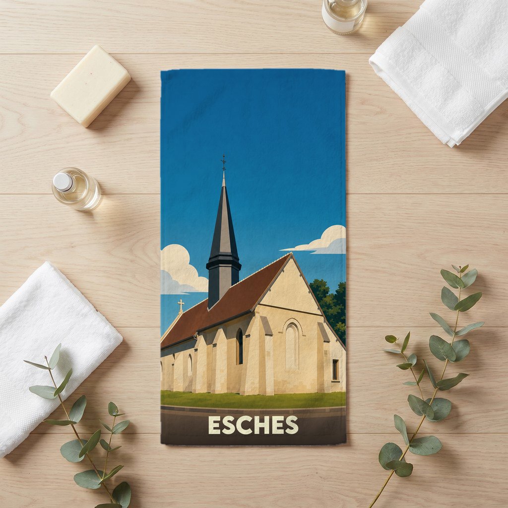 Serviette de bain souvenir de la ville de Esches avec une illustration stylisée de son église.