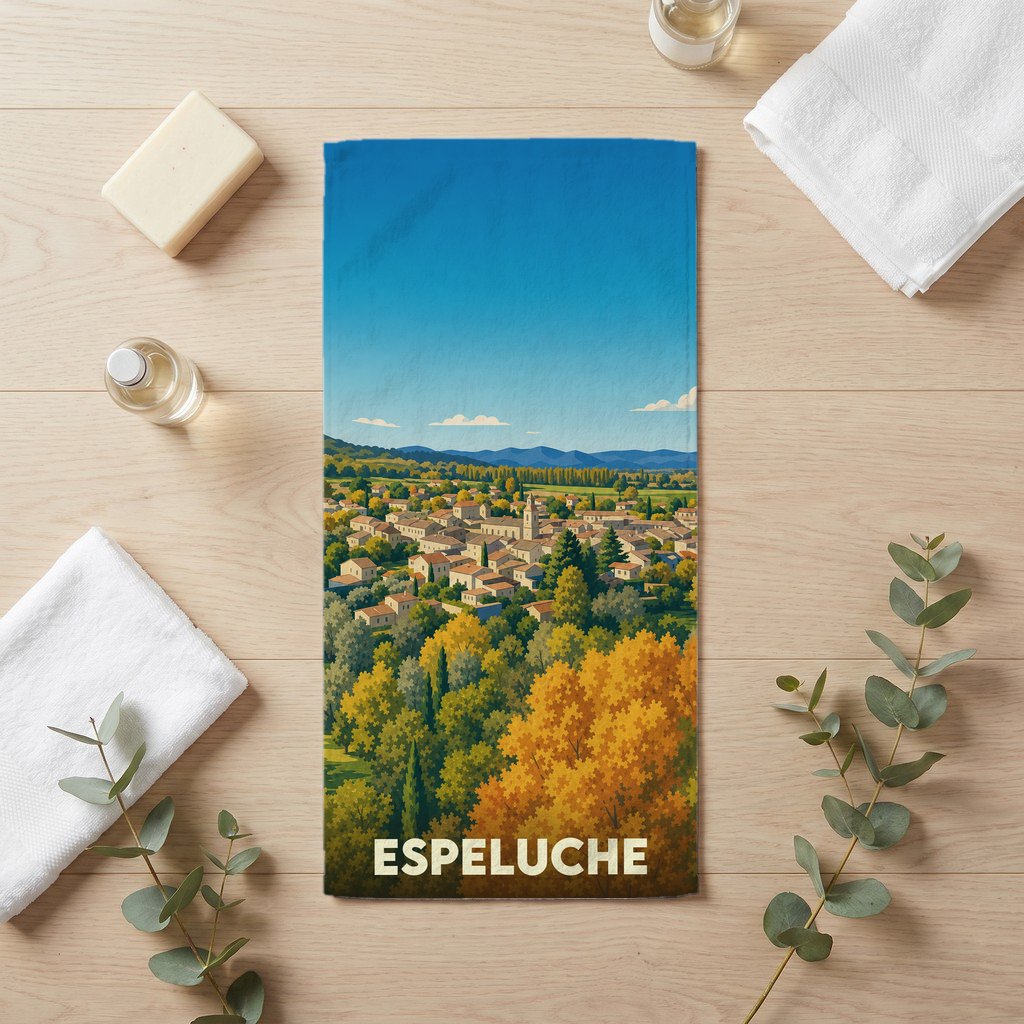 Serviette de bain souvenir de la ville d'Espeluche avec une illustration stylisée de son paysage provençal.
