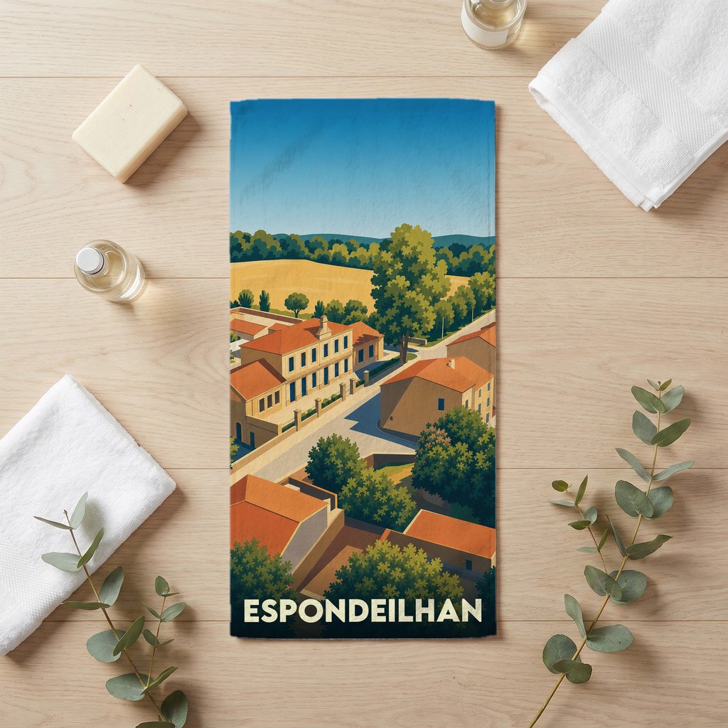 Serviette de bain souvenir de la ville d'Espondeilhan avec une illustration stylisée de ses paysages et maisons.