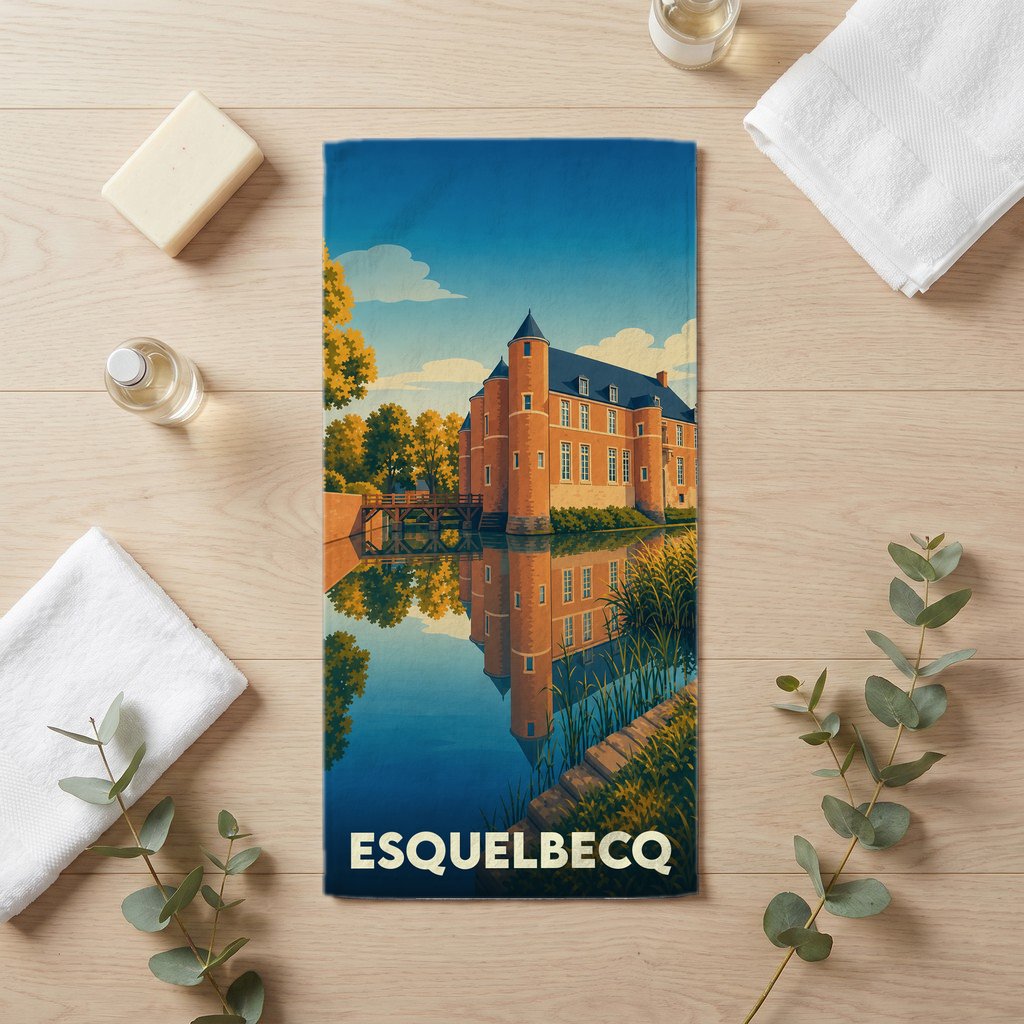 Serviette de bain souvenir de la ville d'Esquelbecq illustrée d'un château se reflétant dans l'eau.