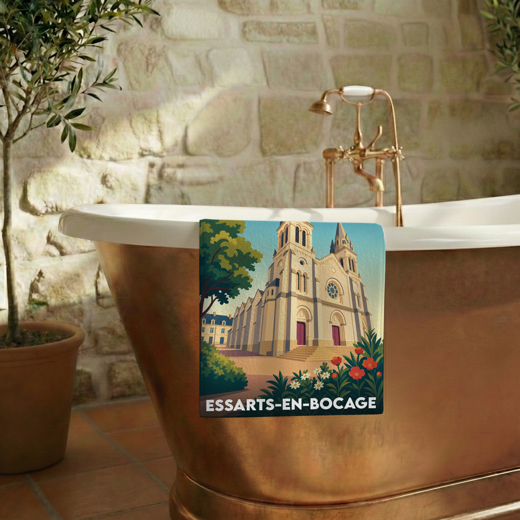 Serviette de bain souvenir de la ville d'Essarts-en-Bocage avec une illustration stylisée de son église.