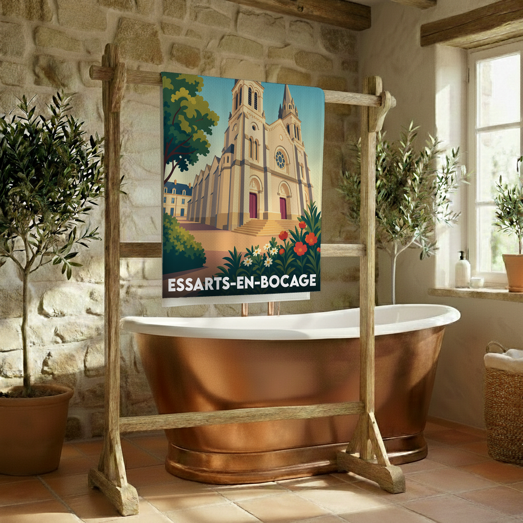 Serviette de bain souvenir de la ville de Essarts-en-Bocage avec une illustration stylisée de son église.
