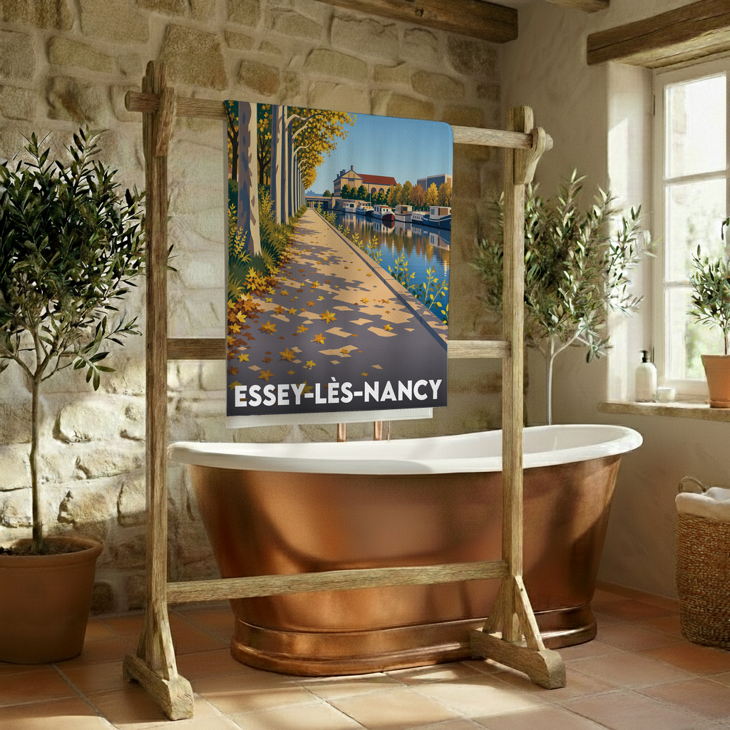 Serviette de bain souvenir de la ville de Essey-lès-Nancy avec une illustration stylisée d'un canal en automne.