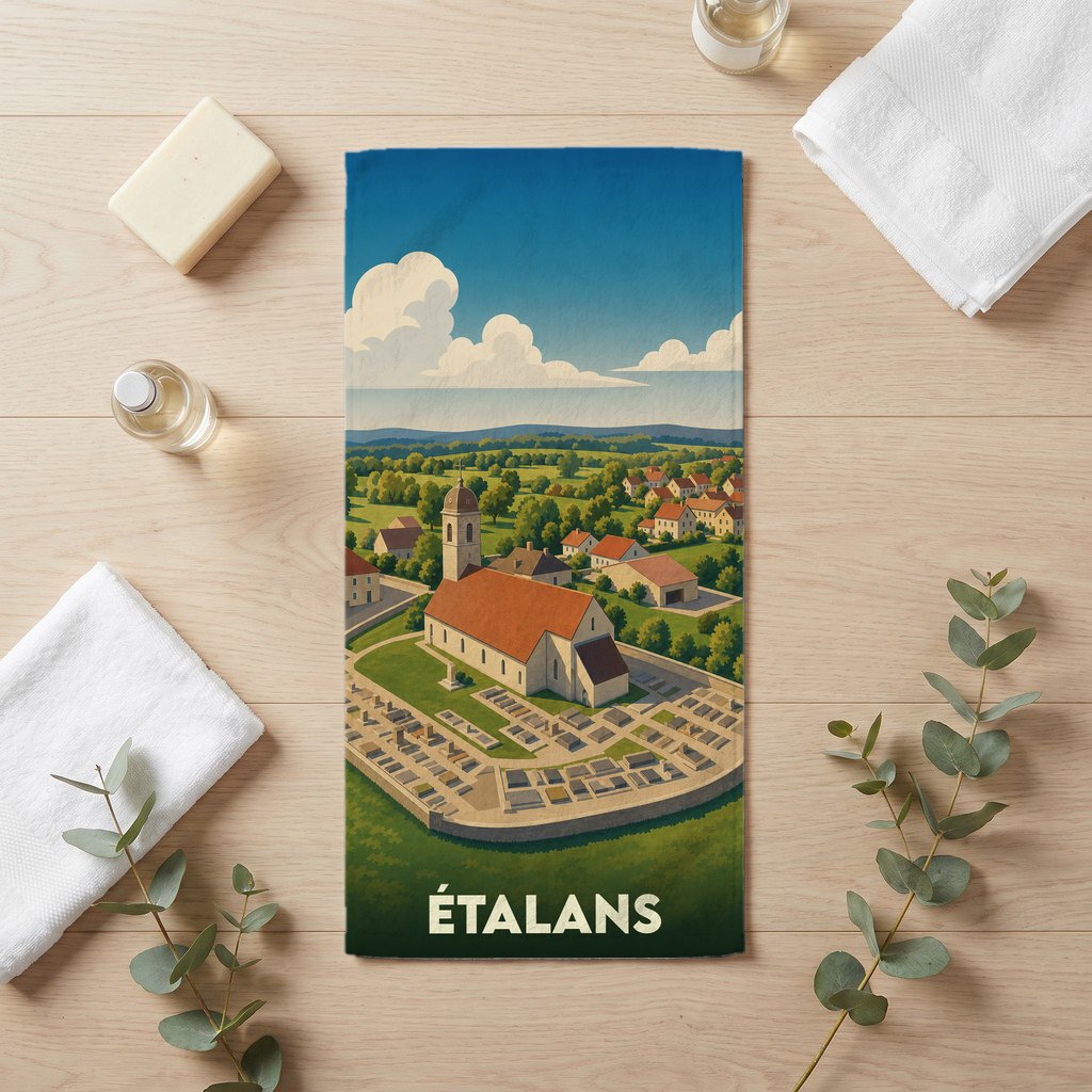Serviette de bain souvenir de la ville d'Étalans avec une illustration stylisée du village et de son église.
