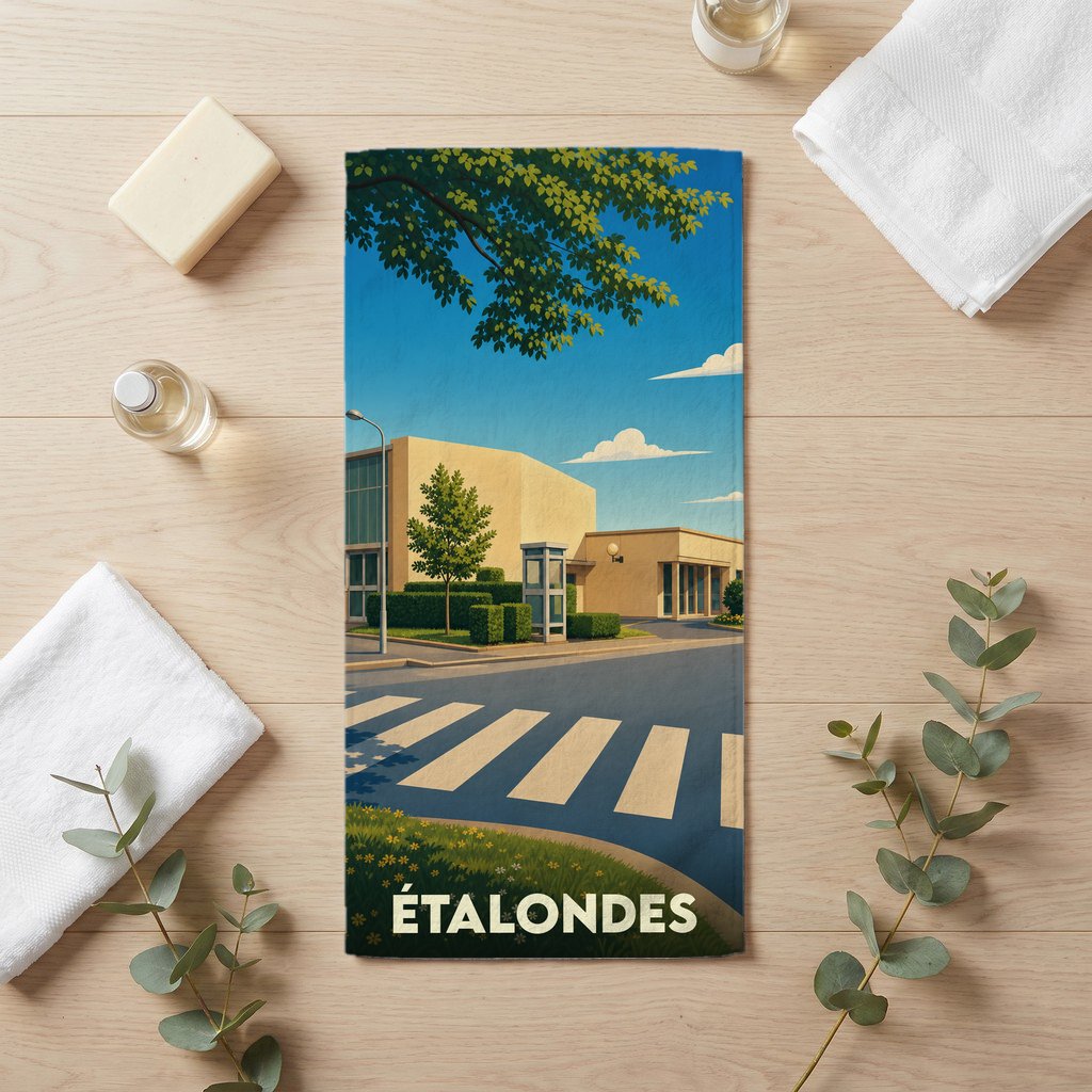Serviette de bain souvenir de la ville d'Étalondes avec une illustration stylisée.