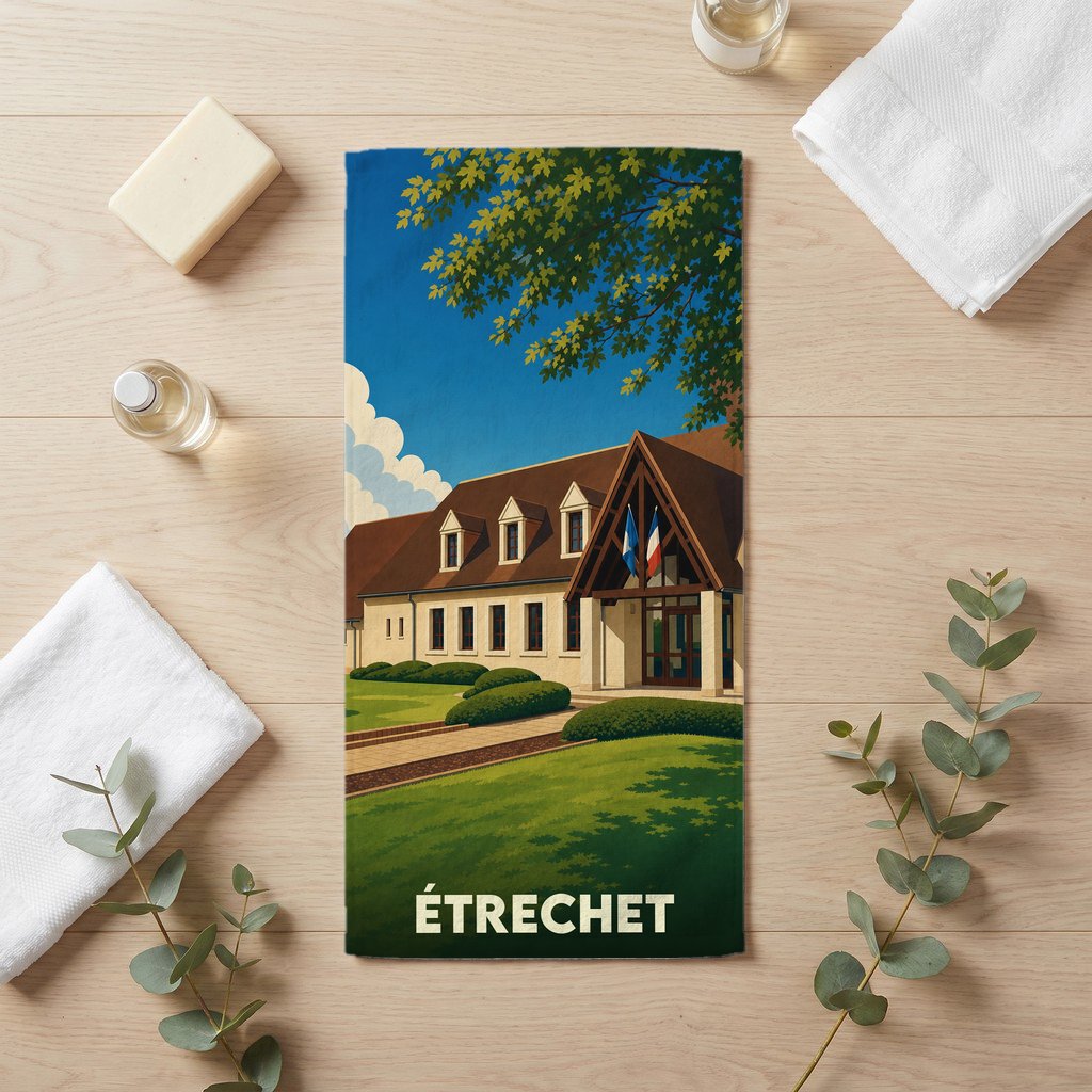 Serviette de bain souvenir de la ville d'Étrechet avec une illustration stylisée.