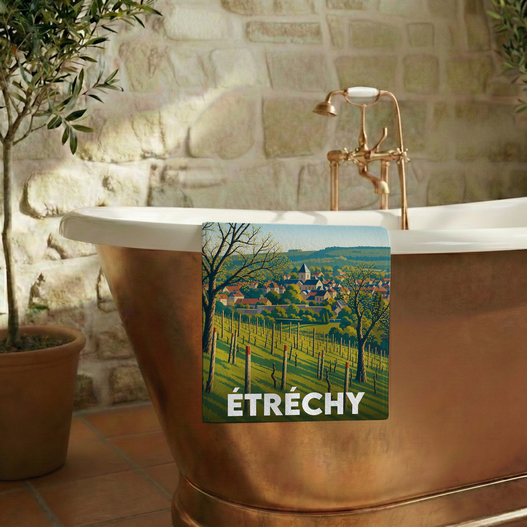Serviette de bain souvenir de la ville d'Étréchy avec une illustration stylisée de ses vignobles.