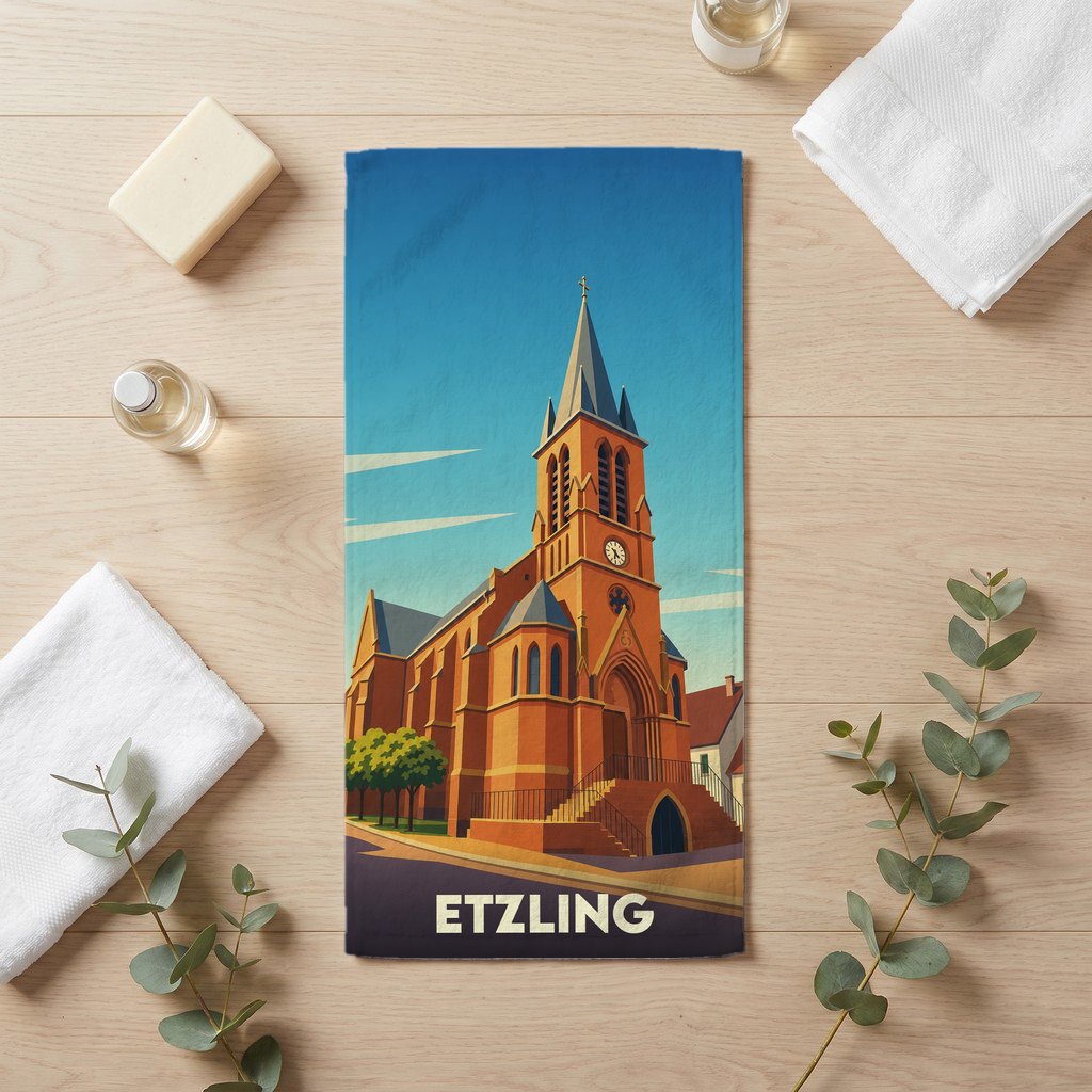 Serviette de bain souvenir de la ville d'Etzling avec une illustration stylisée de son église.