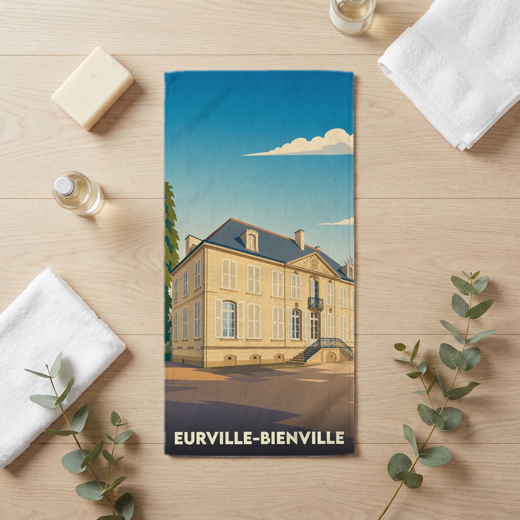 Serviette de bain souvenir de la ville d'Eurville-Bienville avec une illustration stylisée de son château.