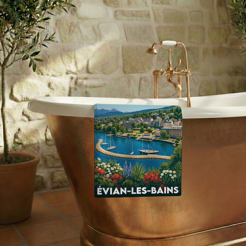Serviette de bain souvenir de la ville de Évian-les-Bains avec une illustration stylisée.