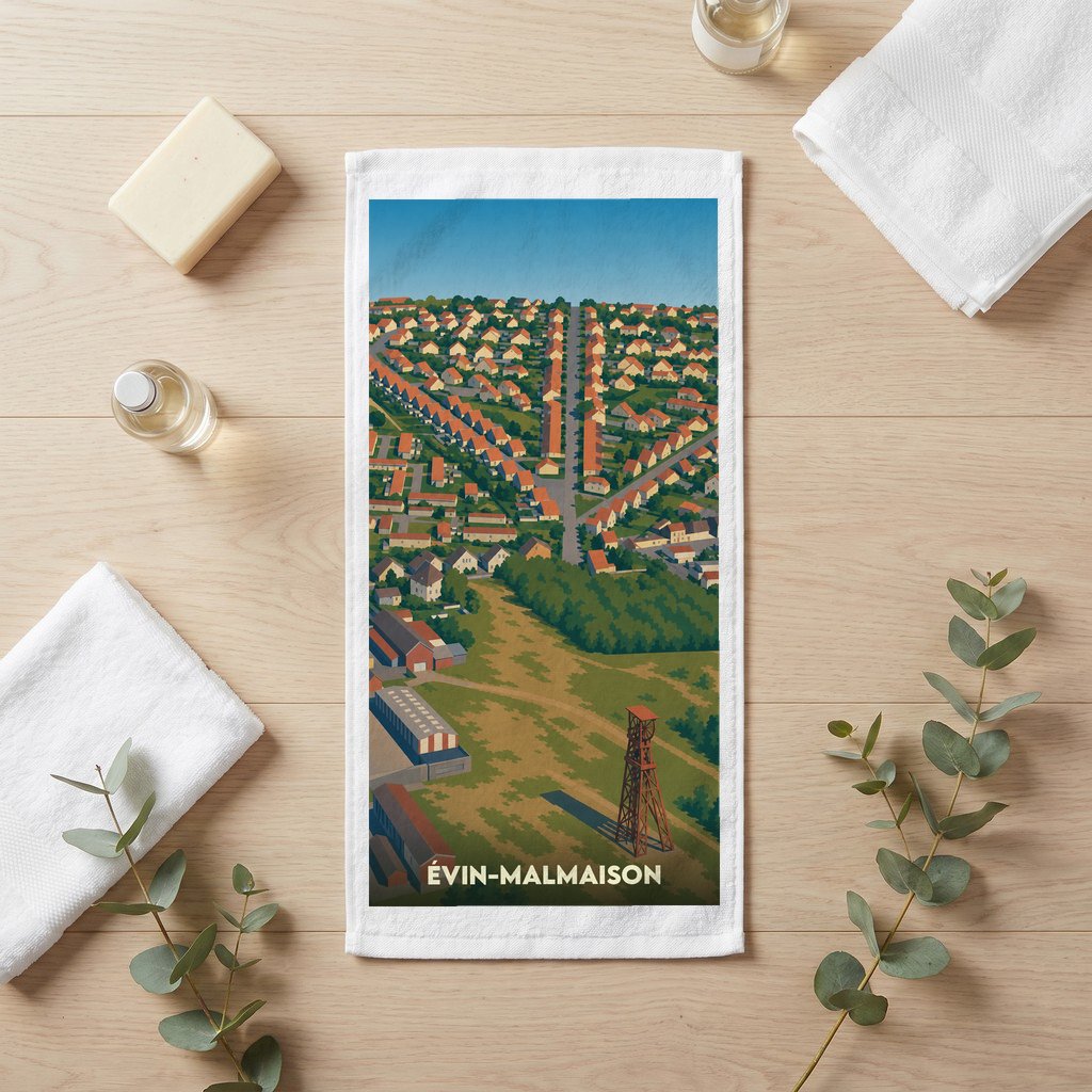 Serviette de bain souvenir de la ville de Évin-Malmaison avec une illustration stylisée d'un paysage urbain et minier.