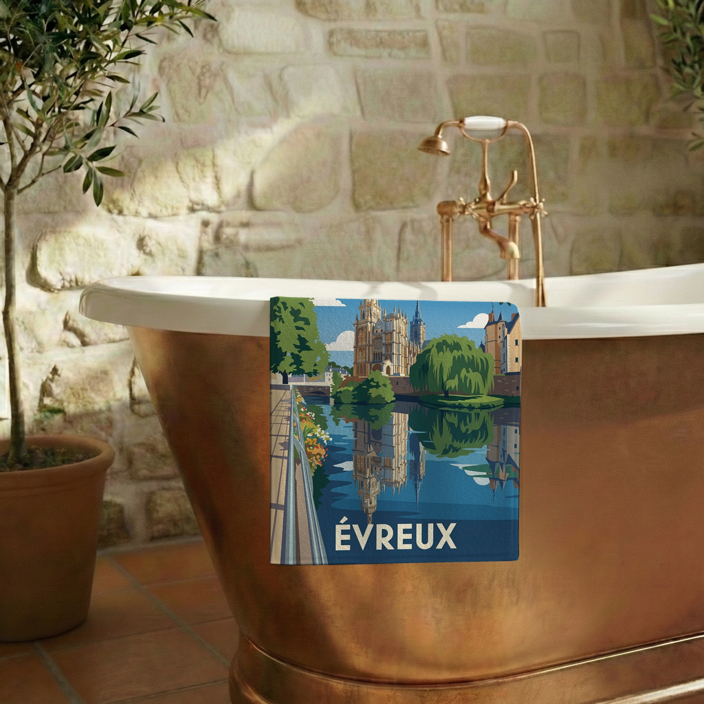 Serviette de bain souvenir de la ville d'Évreux avec une illustration stylisée.