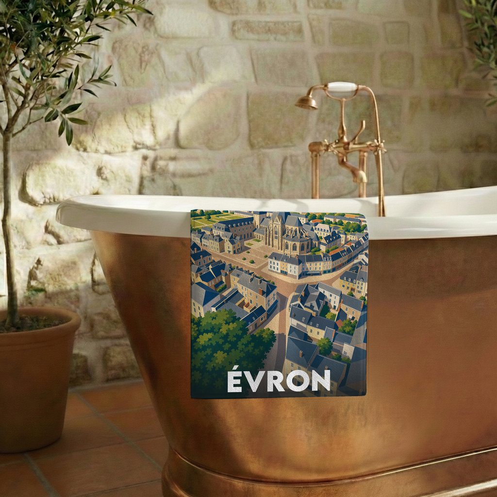 Serviette de bain souvenir de la ville d'Évron avec une illustration stylisée.