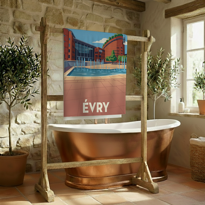 Serviette de bain souvenir de la ville d’Évry avec une illustration stylisée.