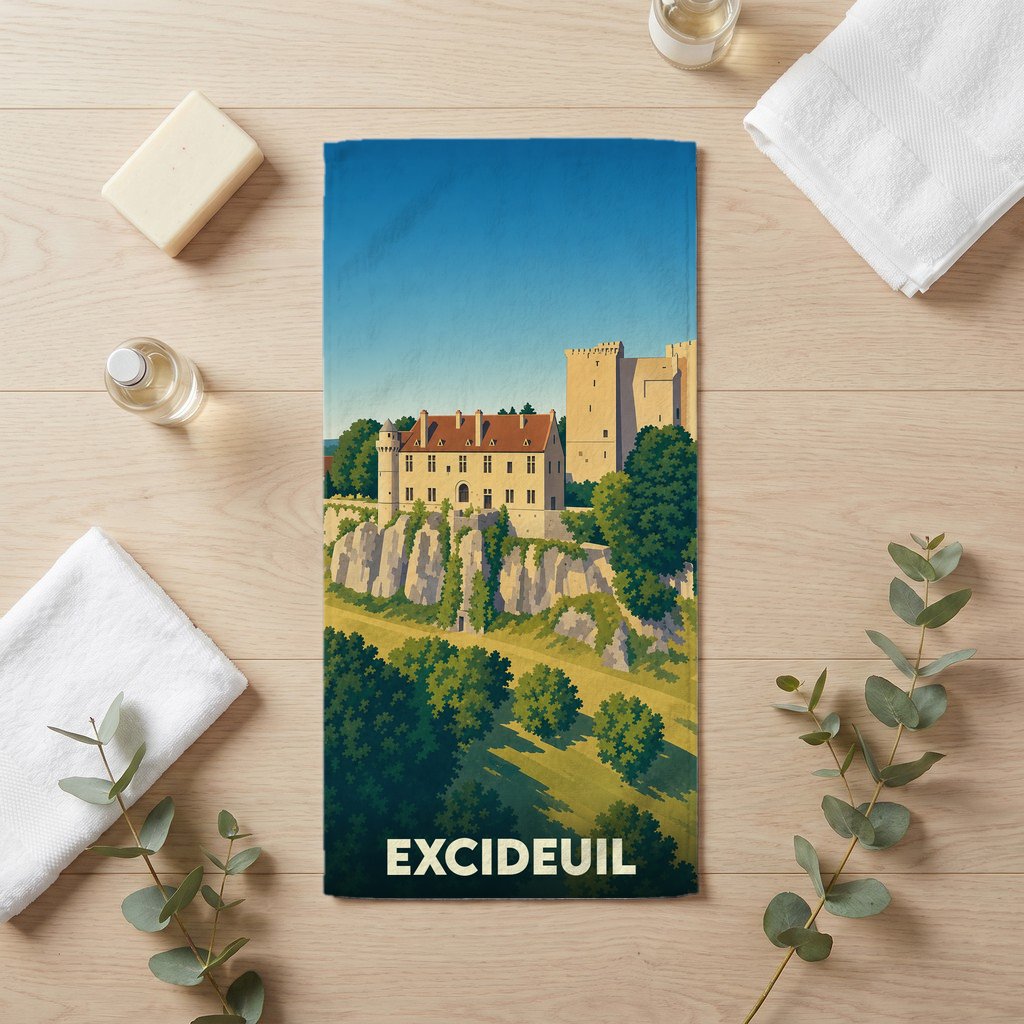 Serviette de bain souvenir de la ville d'Excideuil ornée d'une illustration stylisée de son château.