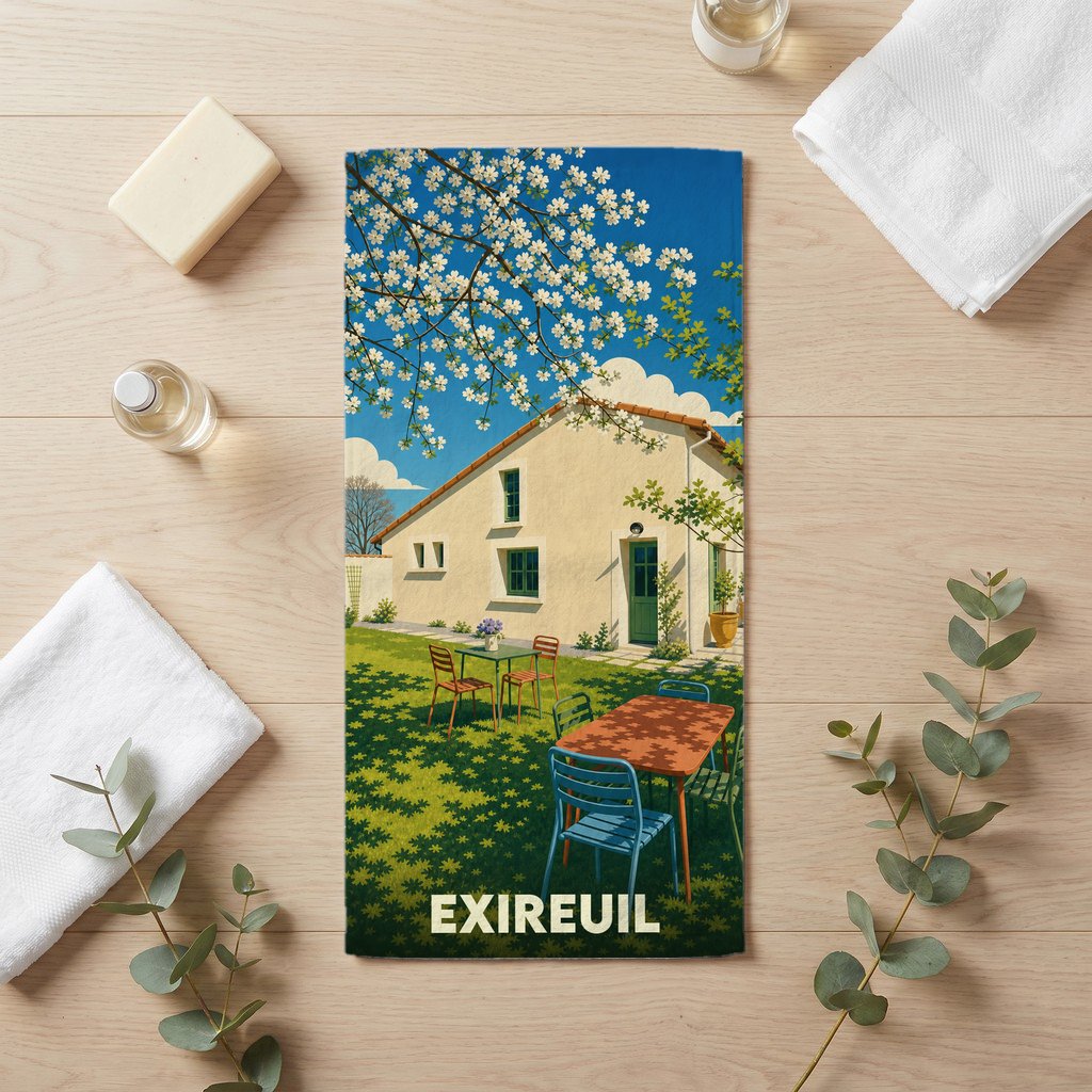 Serviette de bain souvenir de la ville d'Exireuil ornée d'une illustration stylisée d'une maison de campagne ensoleillée.