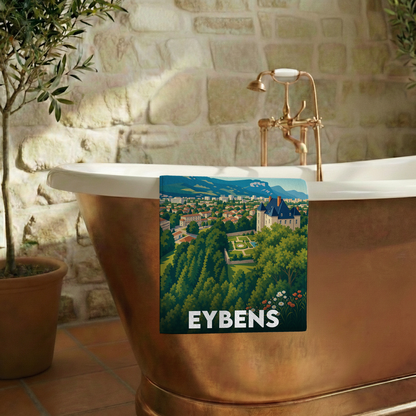 Serviette de bain souvenir de la ville de Eybens avec une illustration stylisée.