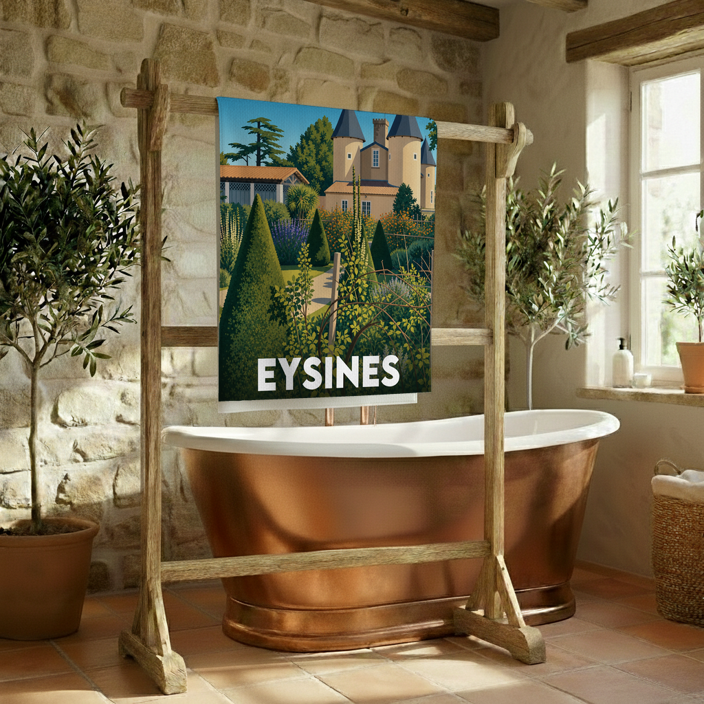 Serviette de bain souvenir de la ville d'Eysines avec une illustration stylisée d'un château et de jardins.