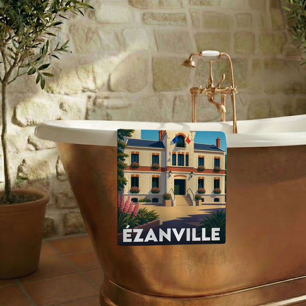 Serviette de bain souvenir de la ville d'Ézanville avec une illustration stylisée de sa mairie.