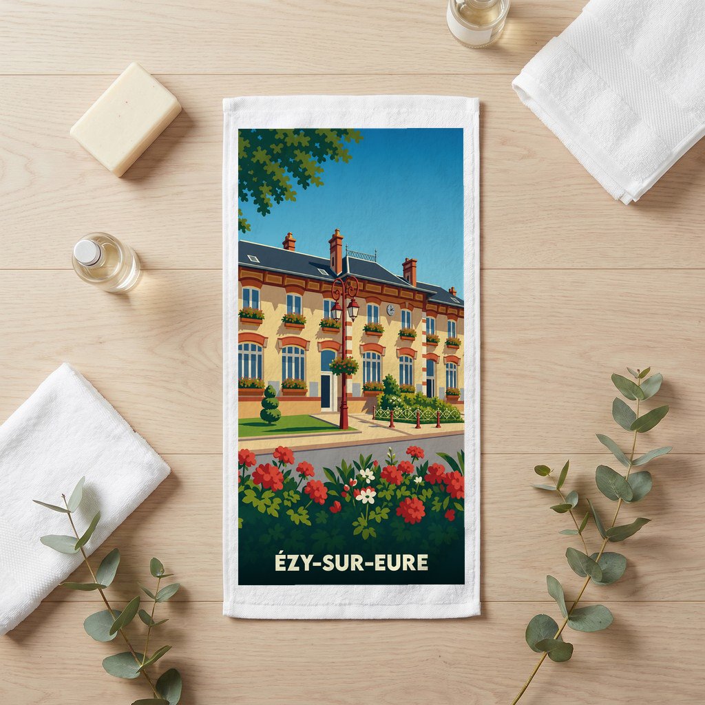 Serviette de bain souvenir de la ville d'Ézy-sur-Eure avec une illustration stylisée.