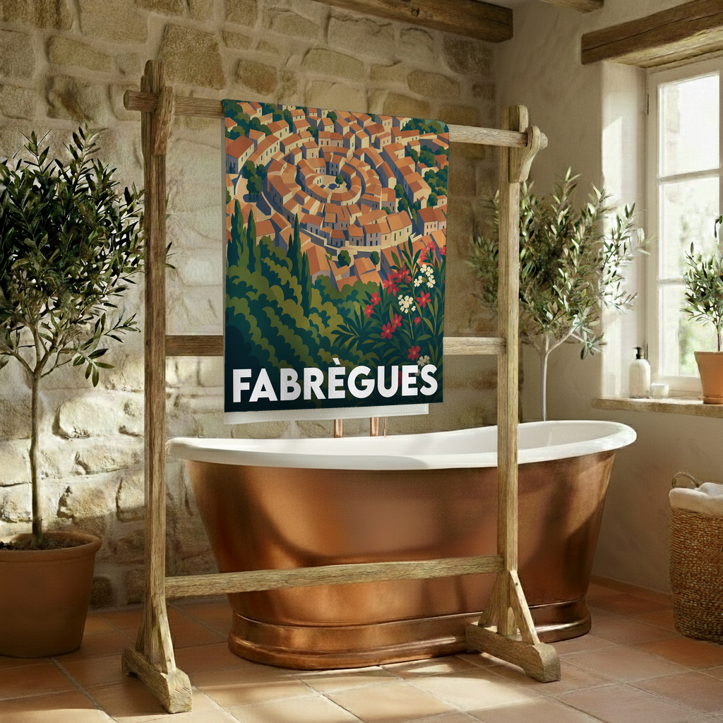 Serviette de bain souvenir de la ville de Fabrègues avec une illustration stylisée d'un village circulaire.