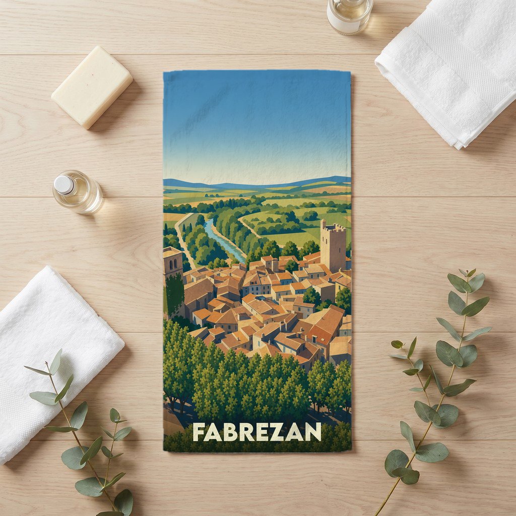 Serviette de bain souvenir de la ville de Fabrezan avec une illustration stylisée d'un paysage provençal.