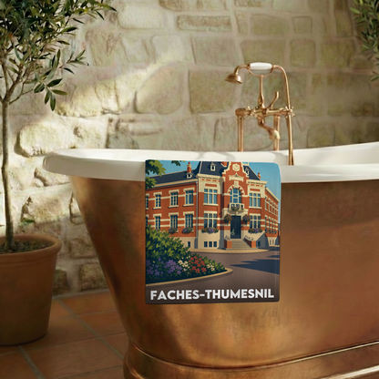 Serviette de bain souvenir de la ville de Faches-Thumesnil avec une illustration stylisée.