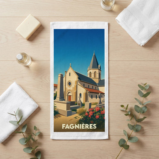 Serviette de toilette souvenir de la ville de Fagnières avec une illustration stylisée d'une église.
