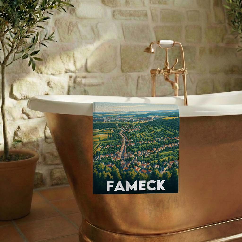 Serviette de bain souvenir de la ville de Fameck avec une illustration de paysage stylisée.