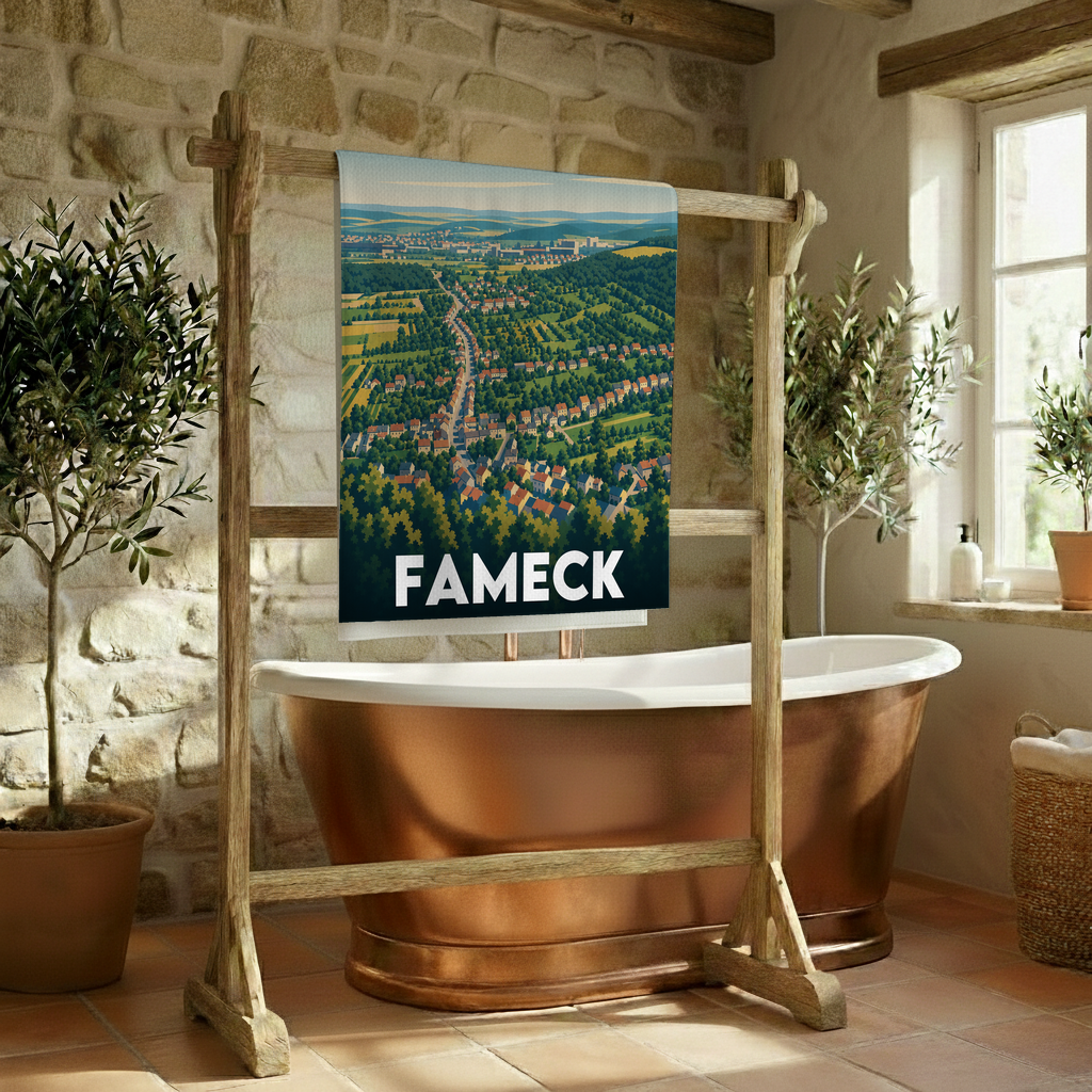 Serviette de bain souvenir de la ville de Fameck avec une illustration stylisée vue du ciel.