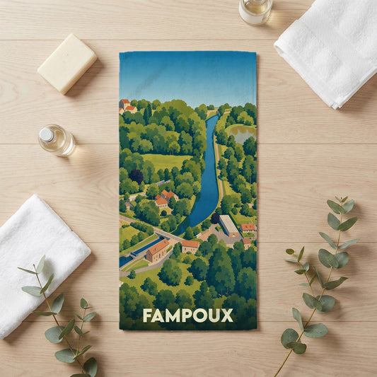 Serviette de bain souvenir de la ville de Fampoux avec une illustration stylisée de son paysage.