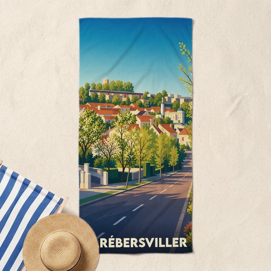 Serviette de bain souvenir de la ville de Farébersviller avec une illustration stylisée.