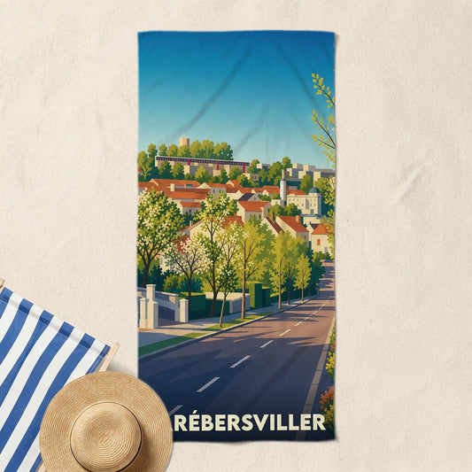 Serviette de bain souvenir de la ville de Farébersviller avec une illustration stylisée.