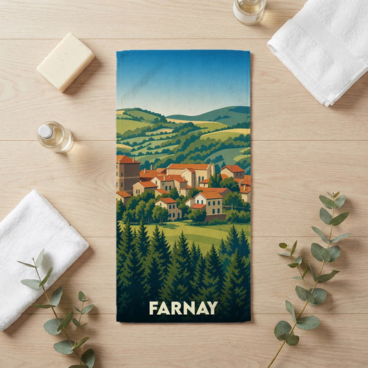Serviette de bain souvenir de la ville de Farnay avec une illustration stylisée de son paysage vallonné.