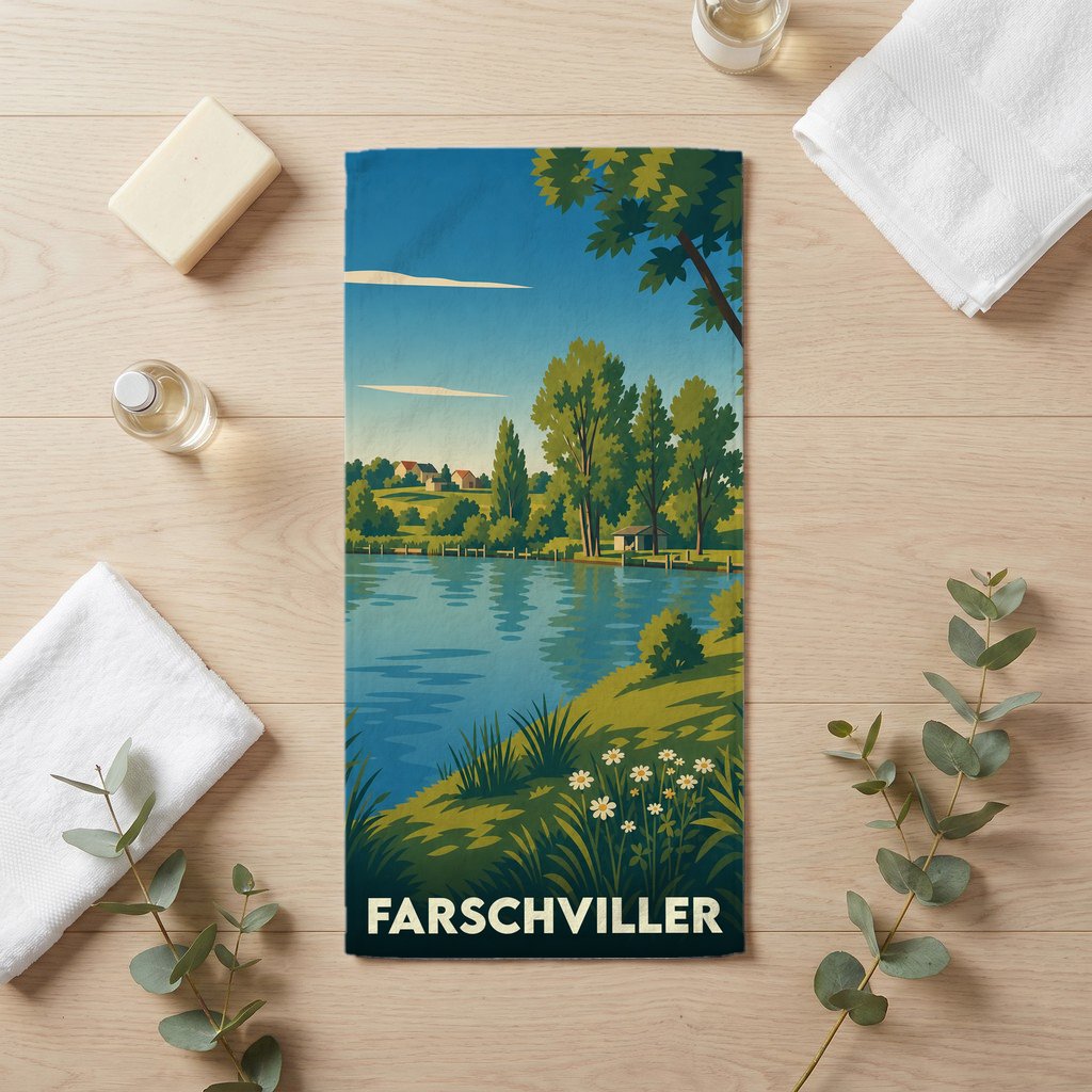 Serviette de bain souvenir de la ville de Farschviller avec une illustration de paysage lacustre stylisée.