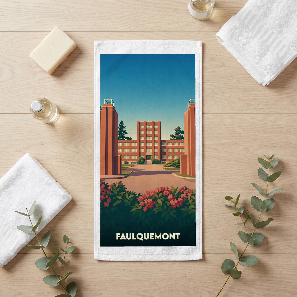 Serviette de bain souvenir de la ville de Faulquemont avec une illustration stylisée.
