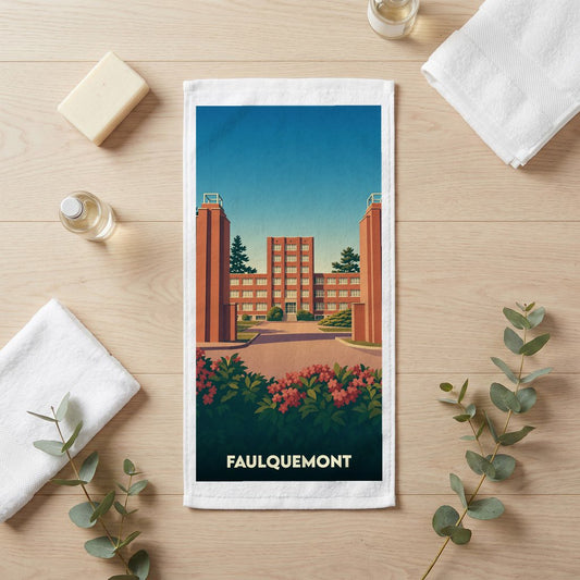Serviette de bain souvenir de la ville de Faulquemont avec une illustration stylisée.